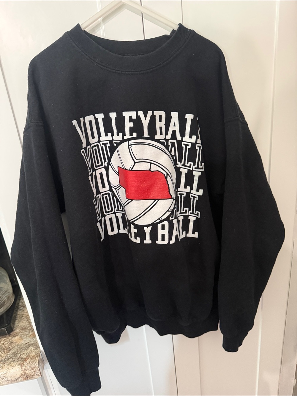 Gildan Black Crewneck Sweatshirt with White Volleyball Graphic and Red Accent